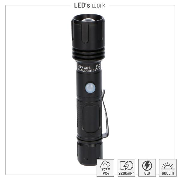 SHADA LED Taschenlampe 6W 600lm, IPX4, 1x LI-Ion Akku 2200mAh - CREE Zoom (0700344)